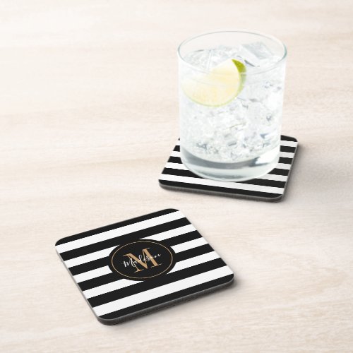 Modern Black Gold Monogram Script Name Beverage Coaster