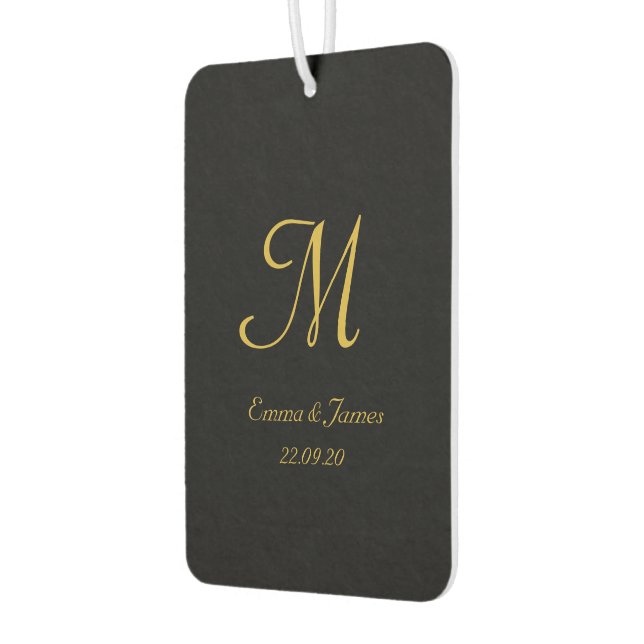 Modern Black & Gold Monogram Script Name Custom Air Freshener (Left)