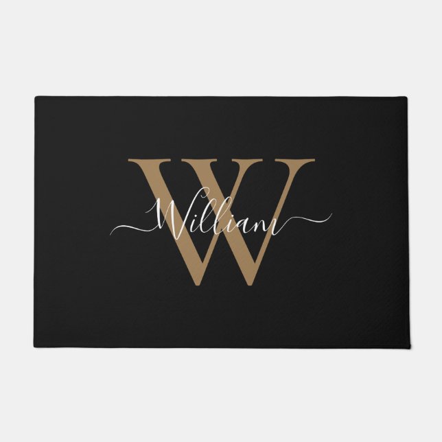 Modern black gold  monogram script name doormat (Front)