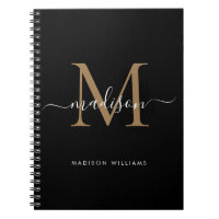 Modern Black Gold Monogram Script Name Initial Notebook