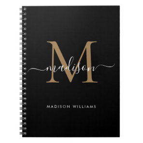 Modern Black Gold Monogram Script Name Initial Notebook