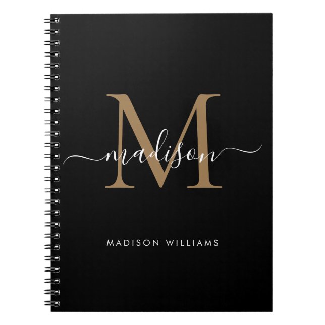 Modern Black Gold Monogram Script Name Initial Notebook (Front)