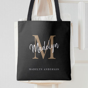 Modern Black Gold Monogram Script Name Initial Tote Bag