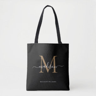 Modern Black Gold Monogram Script Name Initial Tote Bag