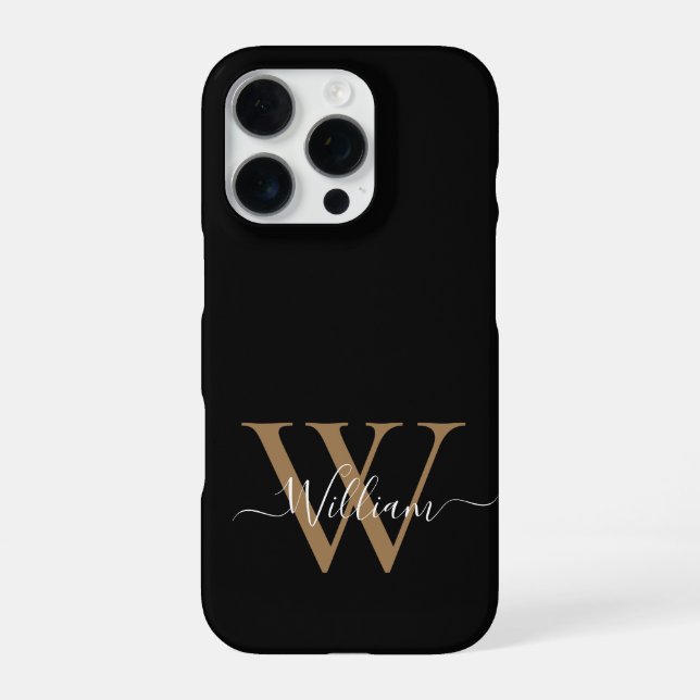 Modern black gold  monogram script name iPhone case (Back)