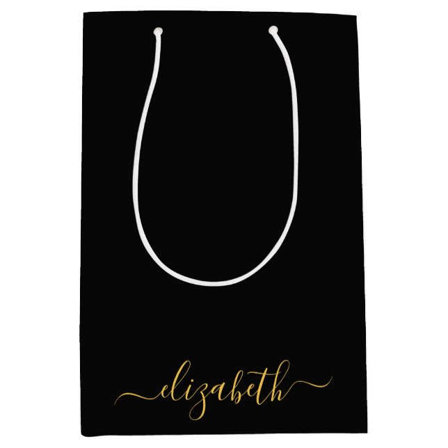 Modern black gold  monogram script name medium gift bag (Front)