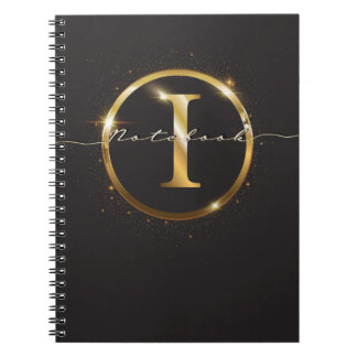 Modern Black Gold Monogram Script Name  Notebook