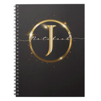 Modern Black Gold Monogram Script Name  Notebook