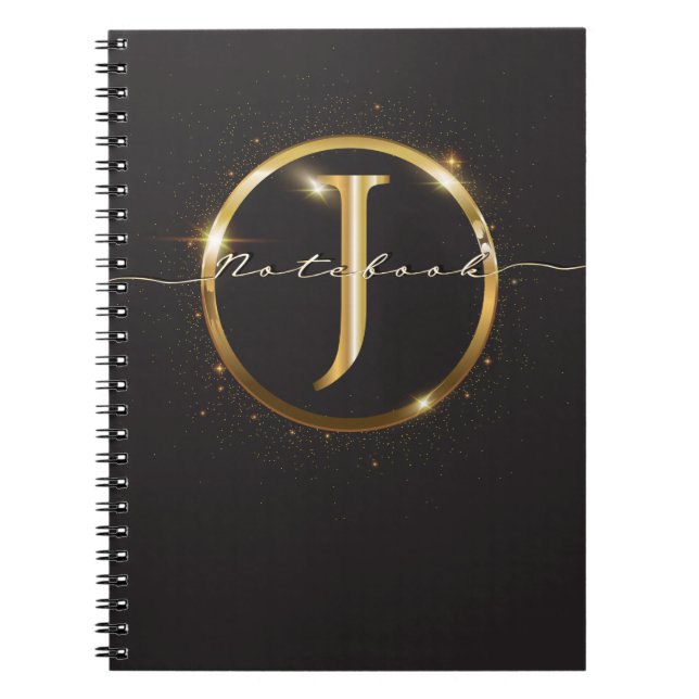 Modern Black Gold Monogram Script Name  Notebook (Front)