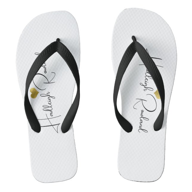 Modern Black Gold Monogram Script Name Stylish Flip Flops (Footbed)