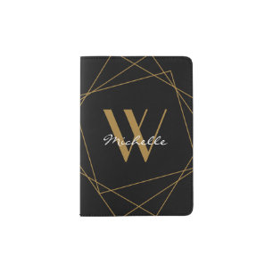 Modern Black Gold Monogram Script Name Stylish Passport Holder