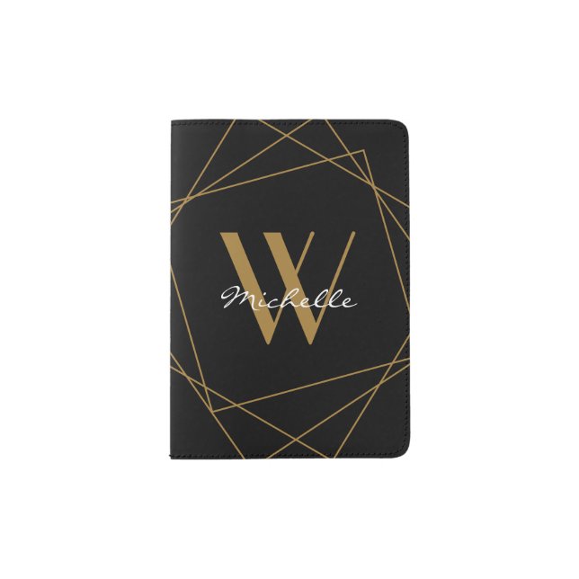 Modern Black Gold Monogram Script Name Stylish Passport Holder (Front)