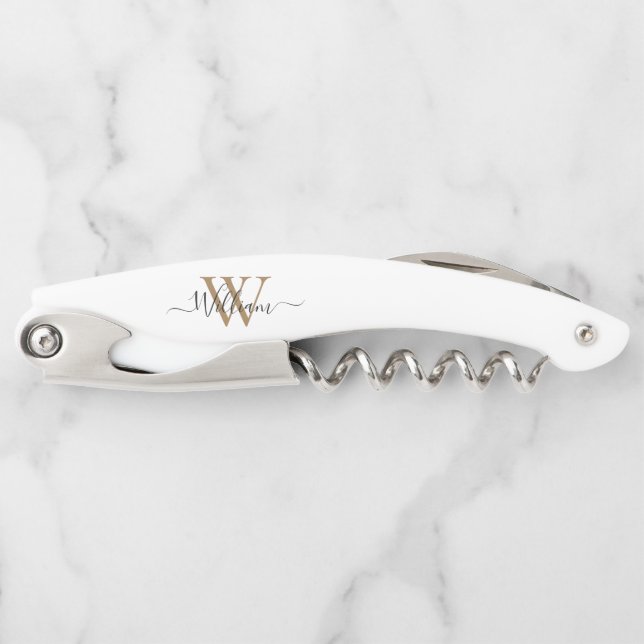 Modern black gold  monogram script name waiter's corkscrew (Front)