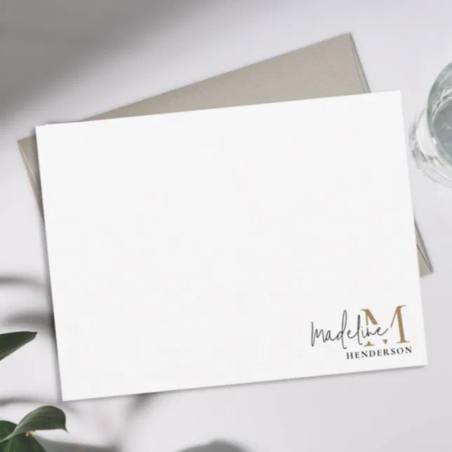 Modern Black Gold Monogram Script Note Card | Zazzle