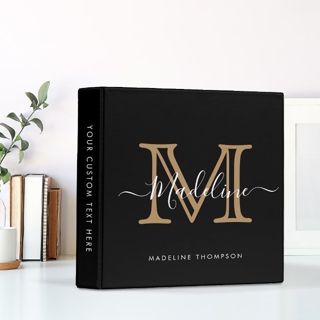 Modern Black Gold Monogram Script Office School 3 Ring Binder (Creator Uploaded)