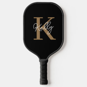 Modern Black Gold Monogram Script Pickleball Paddle