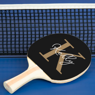Modern Black Gold Monogram Script Ping Pong Paddle