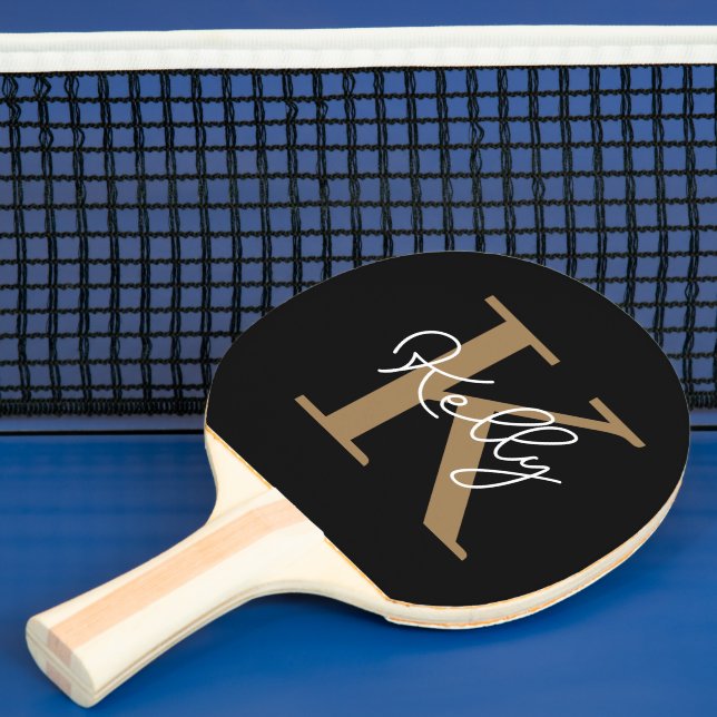 Modern Black Gold Monogram Script Ping Pong Paddle (Insitu)