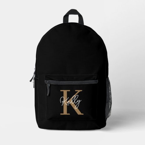 Modern Black Gold Monogram Script Printed Backpack