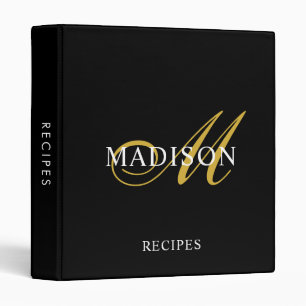 Modern Black Gold Monogram Script Recipe 3 Ring Binder
