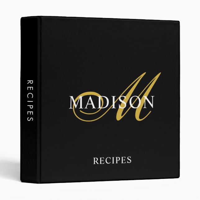 Modern Black Gold Monogram Script Recipe 3 Ring Binder (Front/Spine)