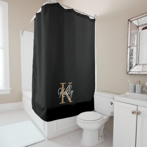 Modern Black Gold Monogram Script Shower Curtain