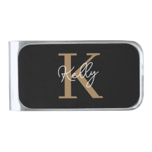 Modern Black Gold Monogram Script Silver Finish Money Clip