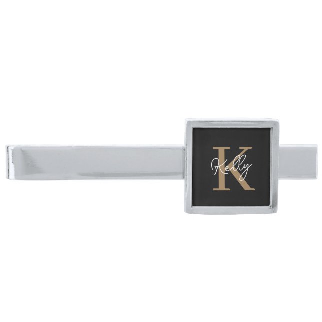 Modern Black Gold Monogram Script Silver Finish Tie Bar (Front)