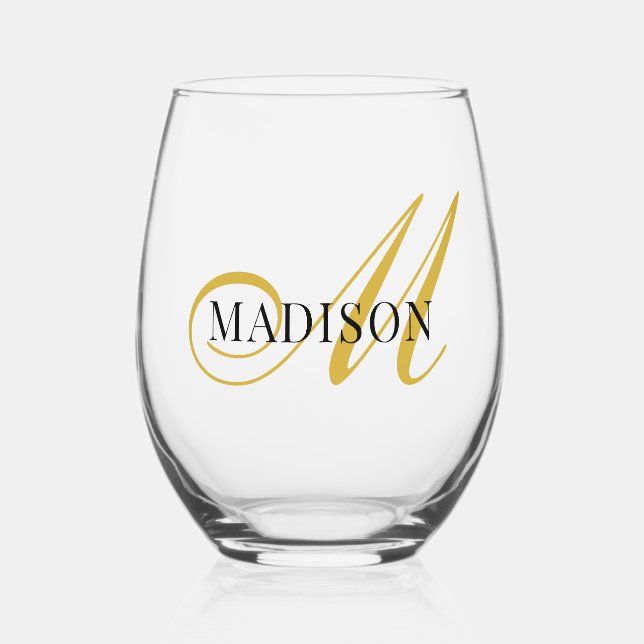 Modern Black Gold Monogram Script Stemless Wine Glass (Front)