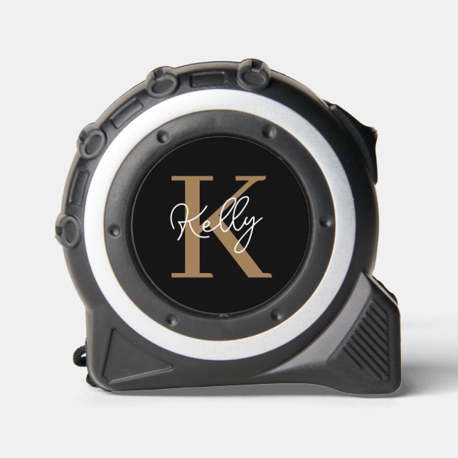Modern Black Gold Monogram Script Tape Measure (Front)