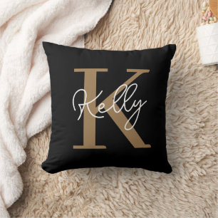 Modern Black Gold Monogram Script Throw Pillow