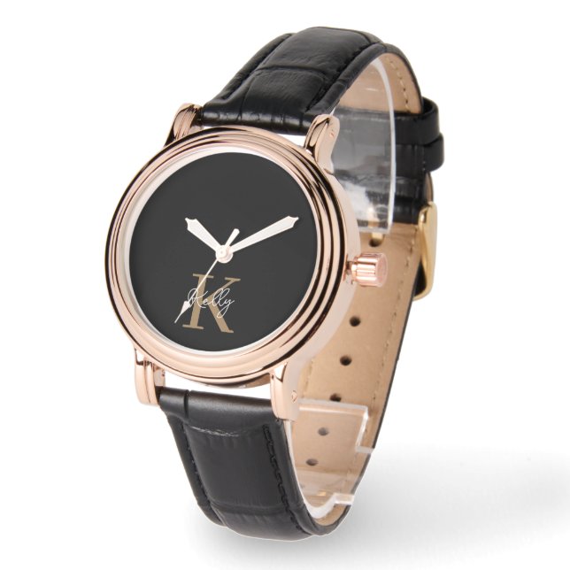 Modern Black Gold Monogram Script Watch (Angle)