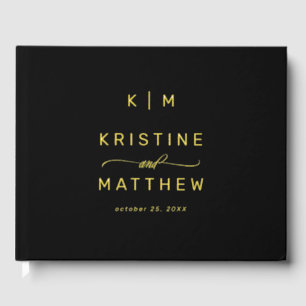 Modern Black Gold Monogram Script Wedding Foil Guest Book