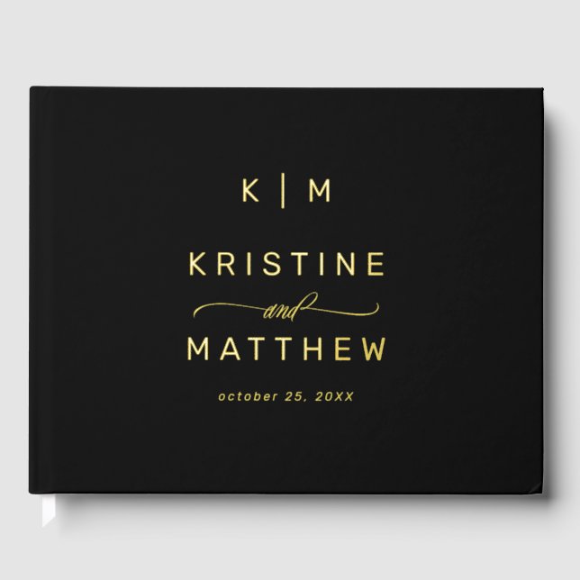 Modern Black Gold Monogram Script Wedding  Foil Guest Book (Front)