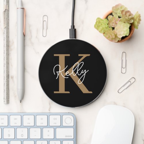 Modern Black Gold Monogram Script Wireless Charger