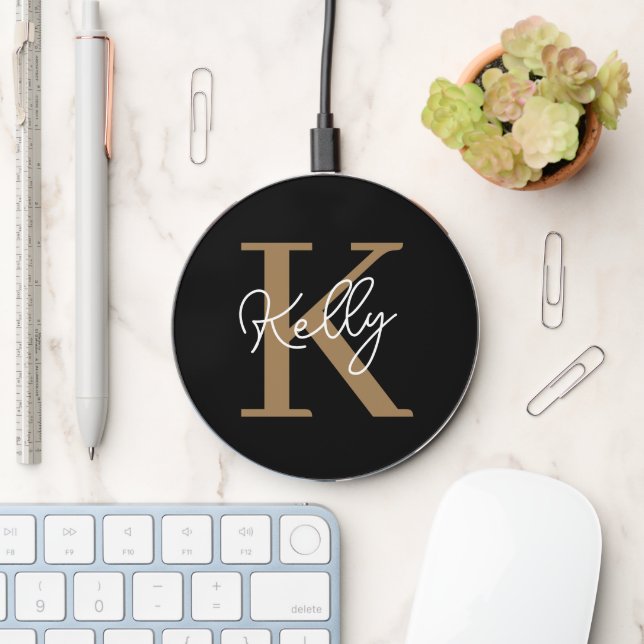 Modern Black Gold Monogram Script Wireless Charger (Desk)