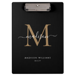 Modern Black Gold Monogram Stylish Script Name Clipboard