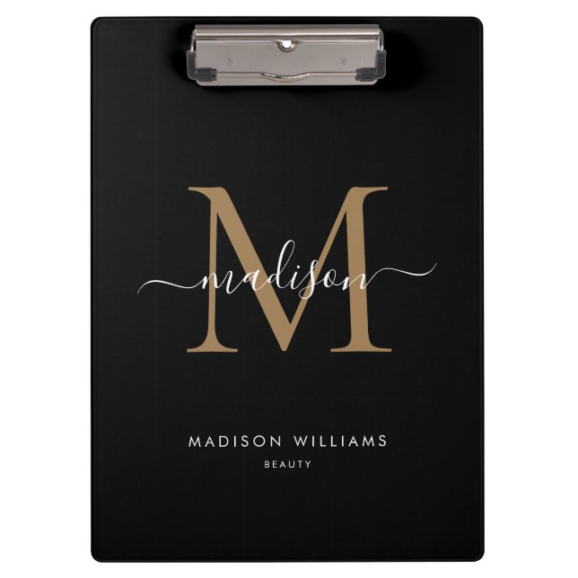 Modern Black Gold Monogram Stylish Script Name Clipboard (Front)