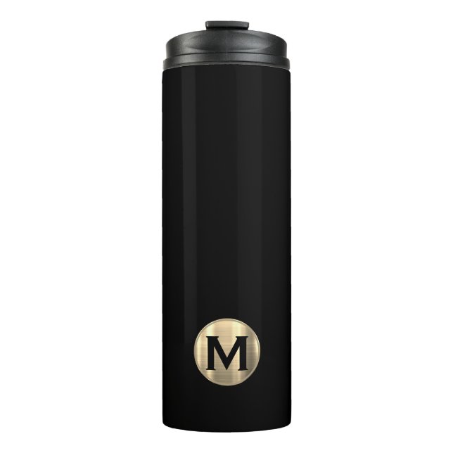 Modern Black Gold Monogram Thermal Tumbler (Front)