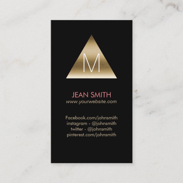 Modern Black & Gold Monogram Triangle Logo Business Card (Front)