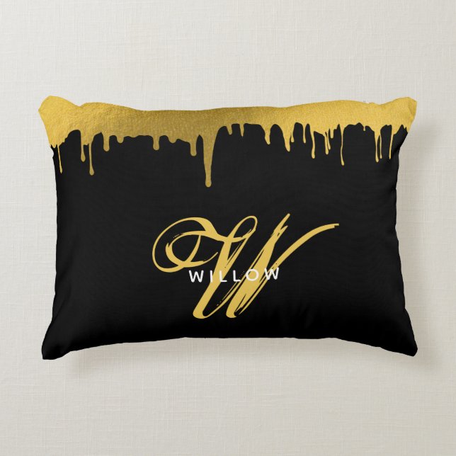 Modern Black & Gold Monogram Vintage Script  Accent Pillow (Front)