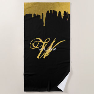 Modern Black & Gold Monogram Vintage Script Beach Towel