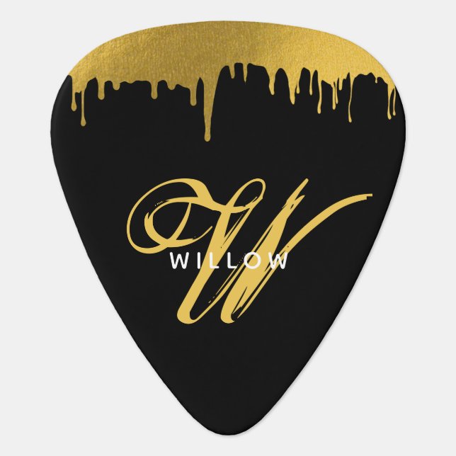 Modern Black & Gold Monogram Vintage Script Guitar Pick (Front)