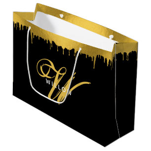Modern Black & Gold Monogram Vintage Script Large Gift Bag