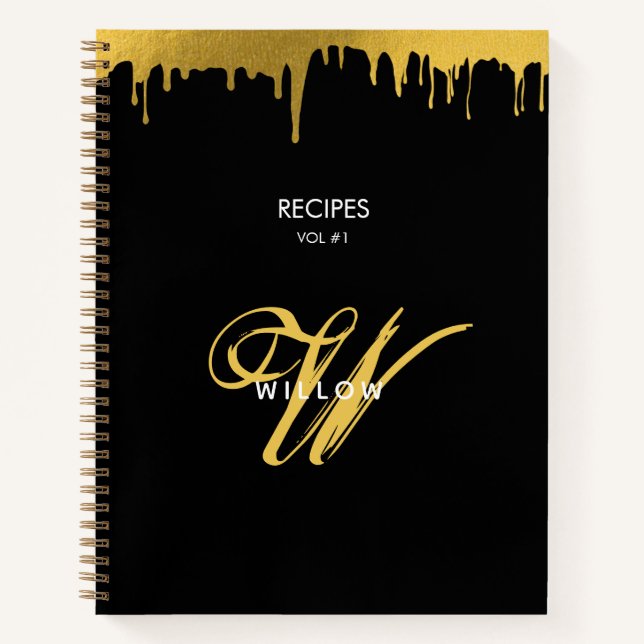 Modern Black & Gold Monogram Vintage Script Recipe Notebook (Front)