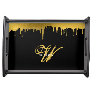 Modern Black & Gold Monogram Vintage Script Serving Tray
