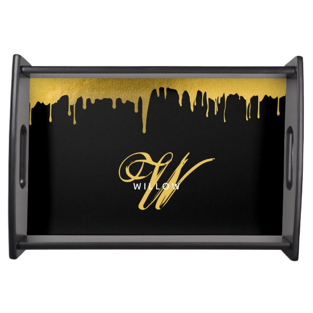 Modern Black & Gold Monogram Vintage Script  Serving Tray (Front)
