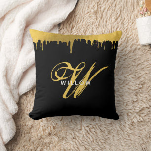 Modern Black & Gold Monogram Vintage Script Throw Pillow