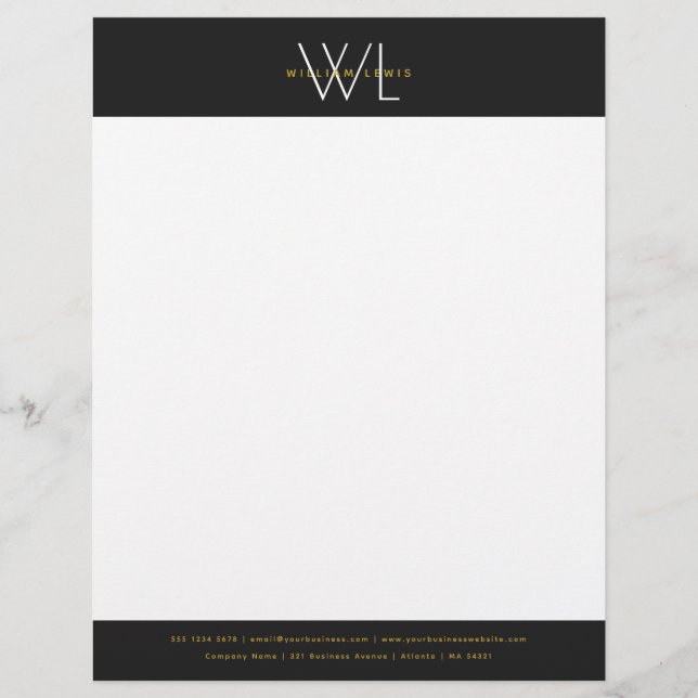 Modern Black Gold Monogrammed Business Letterhead (Front)
