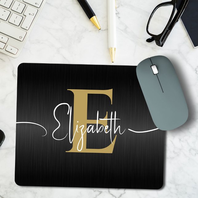 Modern Black Gold Monogrammed Girly Elegant Script Mouse Pad (Creator Uploaded)